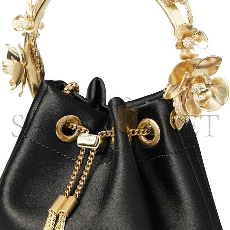 JIMM YCHOO BON BON BLACK SATIN BUCKET BAG WITH METAL FLOWERS BONBONIFE010003 (15*14*9.5cm) JIMM YCHOO BON BON BLACK SATIN BUCKET BAG WITH METAL FLOWERS BONBONIFE010003 (15*14*9.5cm)